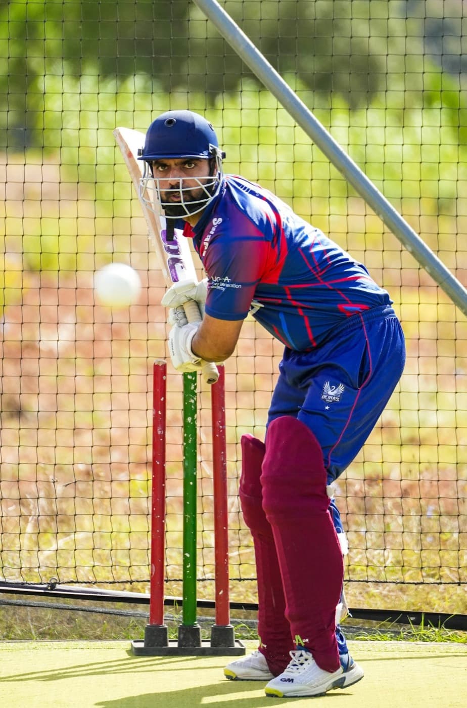 A batter in a practice net, playing forward to a ball in the air.